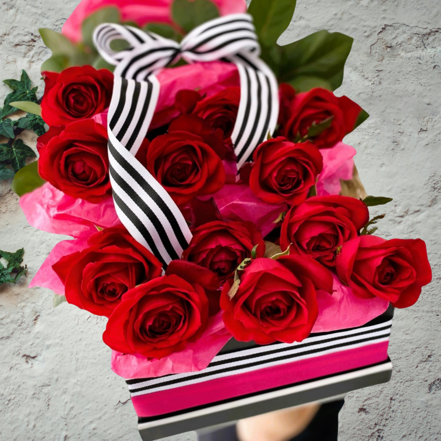 1 dozen red roses presented in gift box