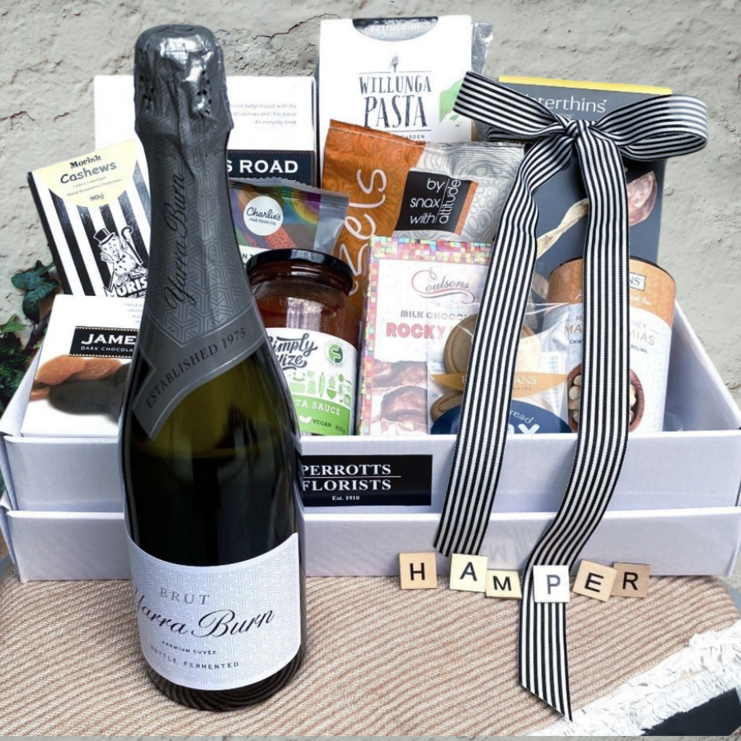 Selection of gourmet foods and champagne Gift Wrapped