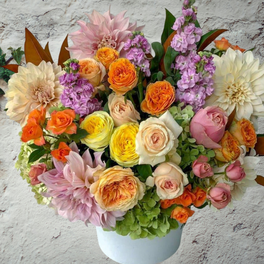 Seasonal bright flowers in a ceramic container